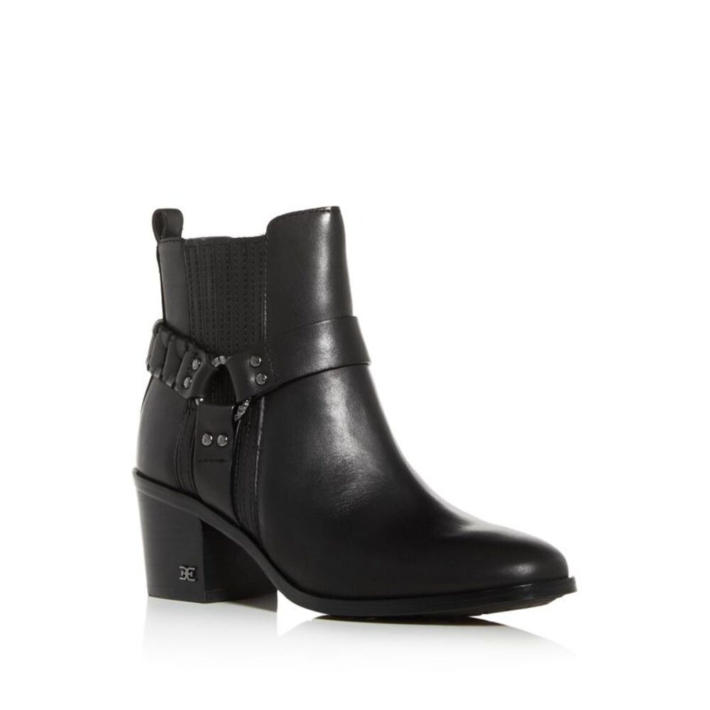 NWT SAM EDELMAN Womens Black Harness Dalma Toe Stacked Heel Leather Moto 10 M